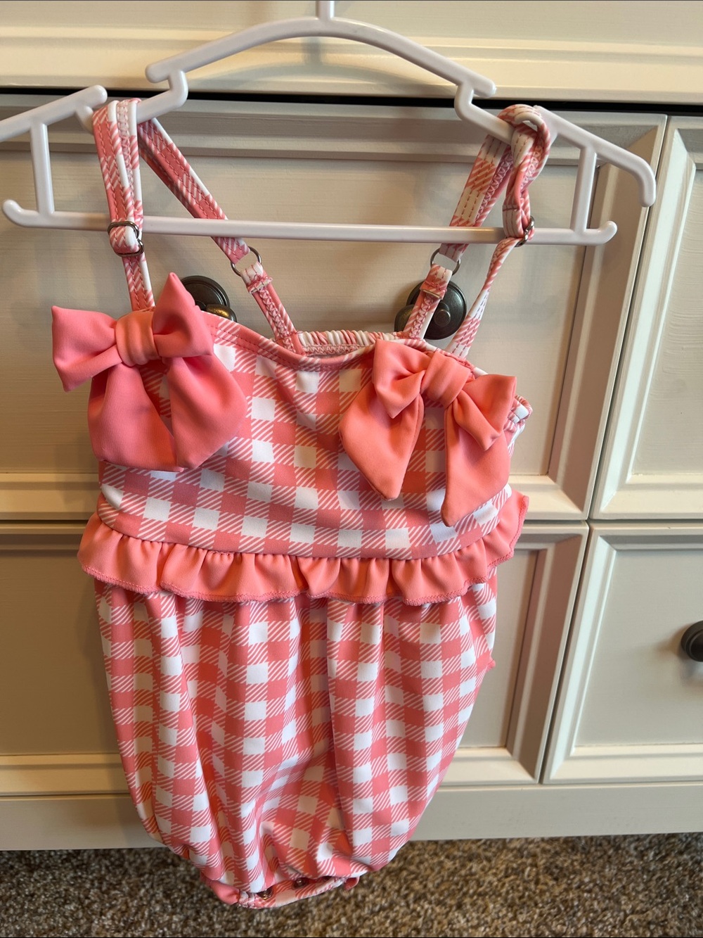 Ruffle Butts Pink and White Gingham Bow One-Piece